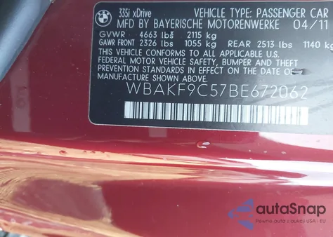 2011 BMW 335I xDrive из США, поврежденный, VIN WBAKF9C57BE672062